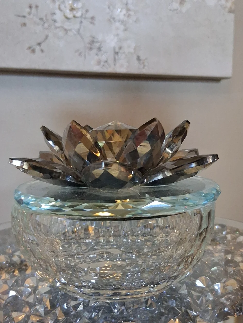 Crystal Lotus Decorative Bowl and Round Glass Jewelry Box - Vanity Accent